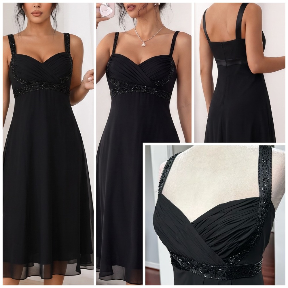 Vtg SL Fashions Y2K Little Black Dress 12 Midi Beaded Sweetheart Whimsygoth Hoco